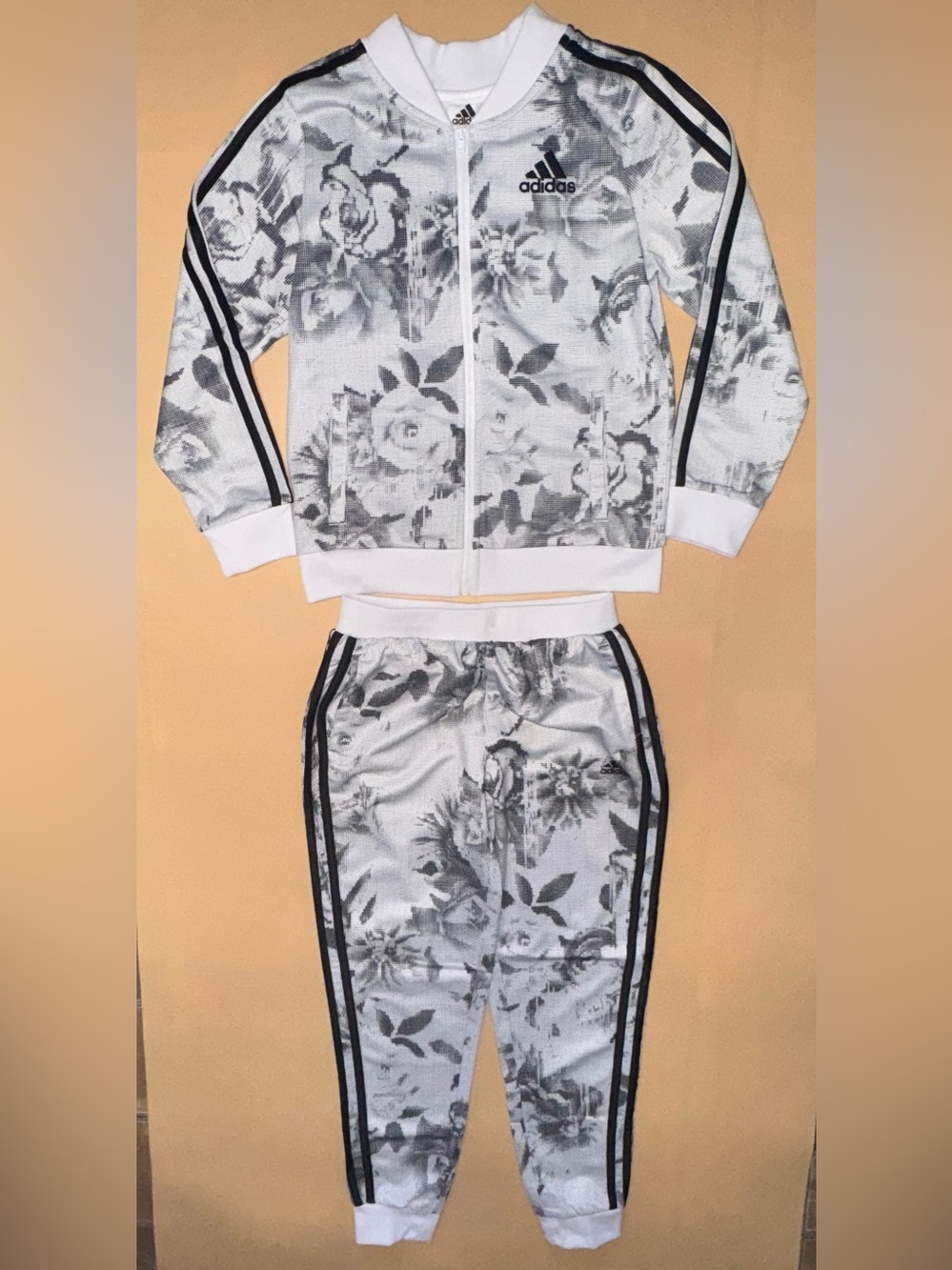 Adidas Kids Floral Track Suit Set White Black Full Zip Jacket Joggers 2pc